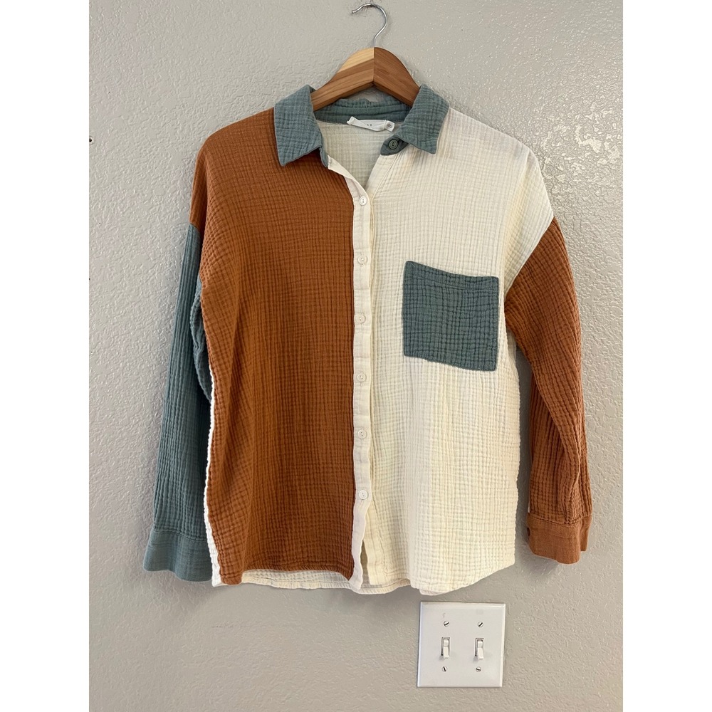 Colorblock Double Gauze Cotton Button Down Shirt Rust Cream Sage Green Top
